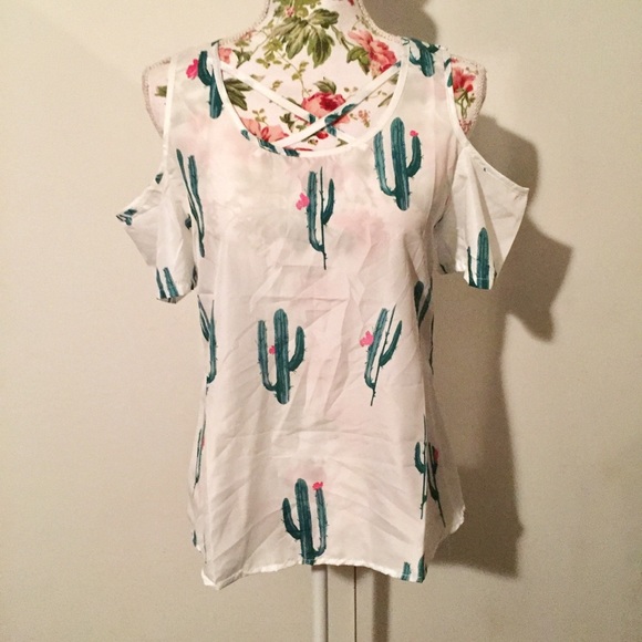 Cold Shoulder Cutout Cactus Strappy Shirt Top Tee - Picture 6 of 8